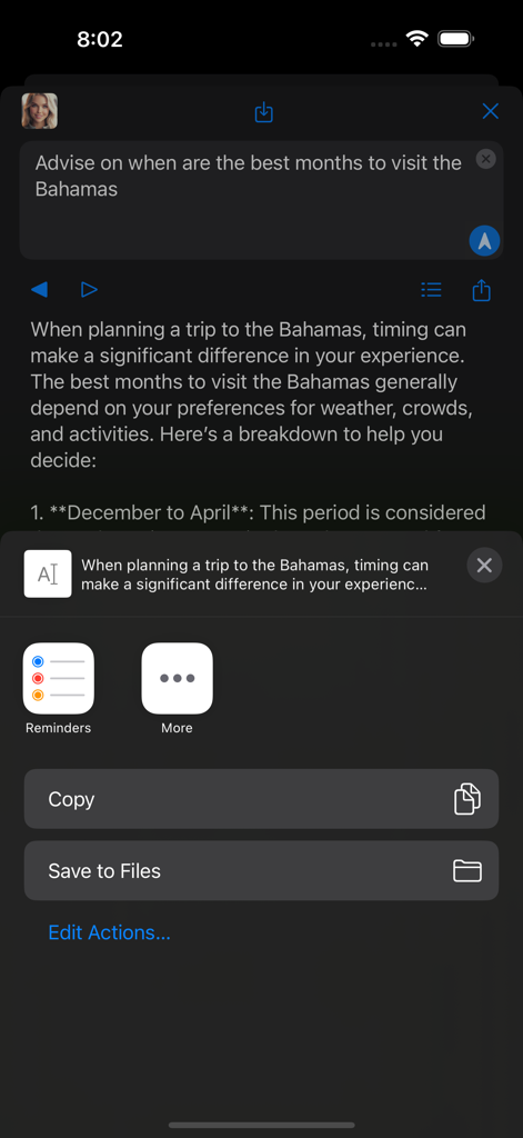 Jen-AI app interface showing a chat response about travel to the Bahamas with the iOS share sheet open for easy sharing and saving