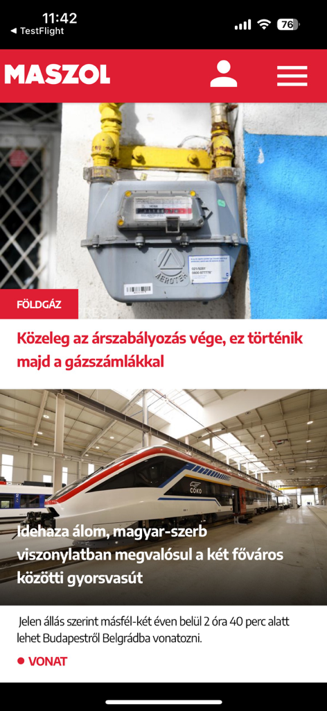 Interfaz de la aplicación móvil Maszol mostrando titulares de noticias locales en húngaro sobre gas natural y transporte.