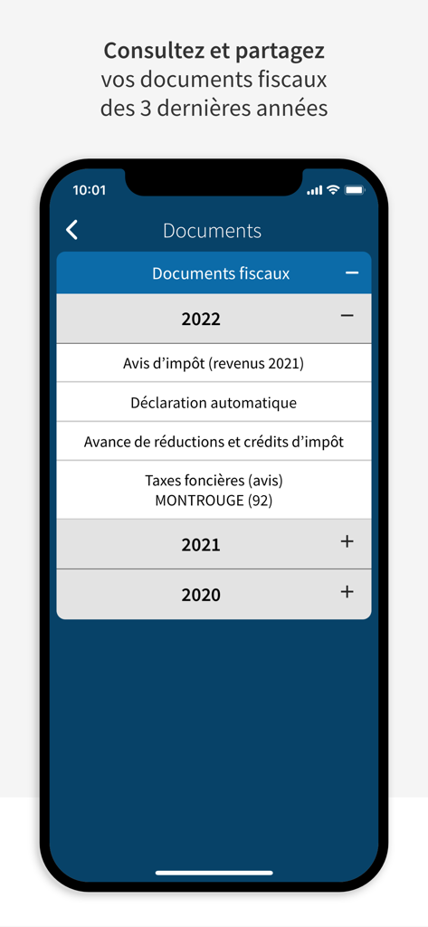 過去3年間のアーカイブされた税務書類を表示するImpots.gouvモバイルアプリの画面