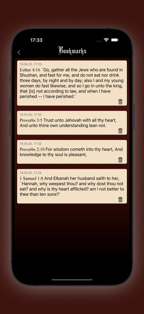 Young's Literal Bible (YLT) - Pantalla de marcadores en la aplicación Biblia Literal de Young que muestra una lista de versículos guardados de Ester, Proverbios y 1 Samuel.