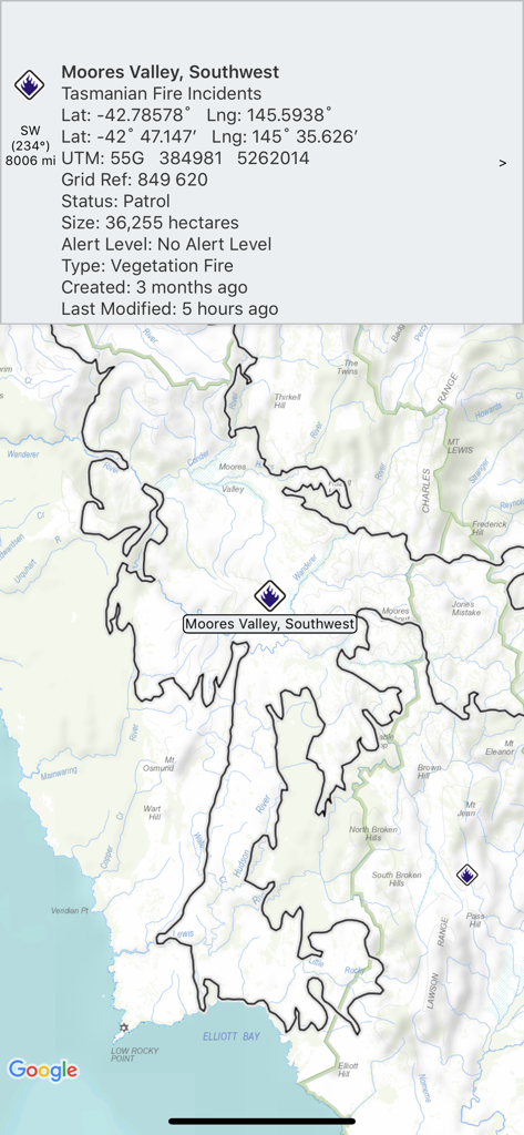 FireMapper Enterprise - FireMapper Enterprise screen showing fire incident details and mapped perimeter