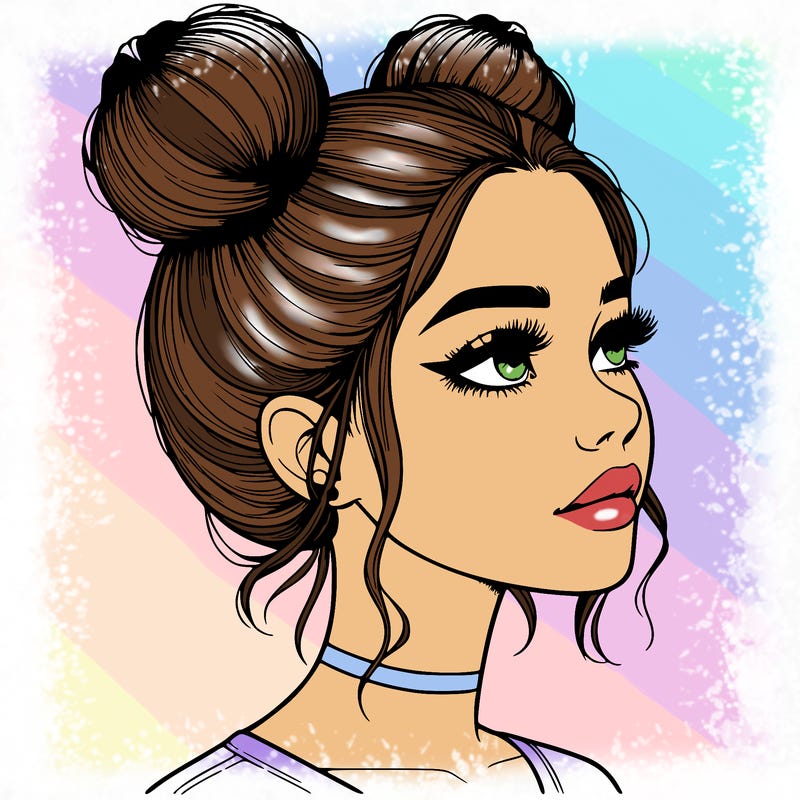 realistic girl with buns on the top of her head