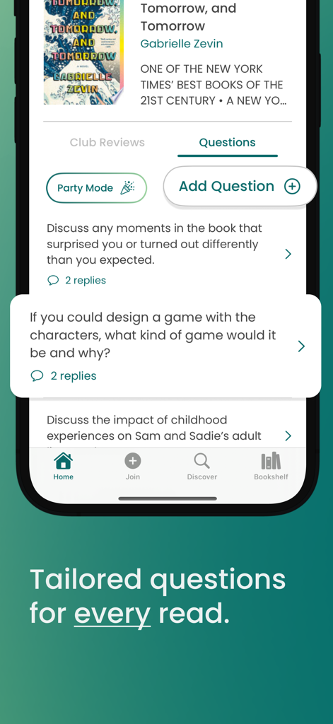 Storyline – Book Club App - Interface do aplicativo Storyline exibindo perguntas de discussão personalizadas e Modo Festa para um clube do livro