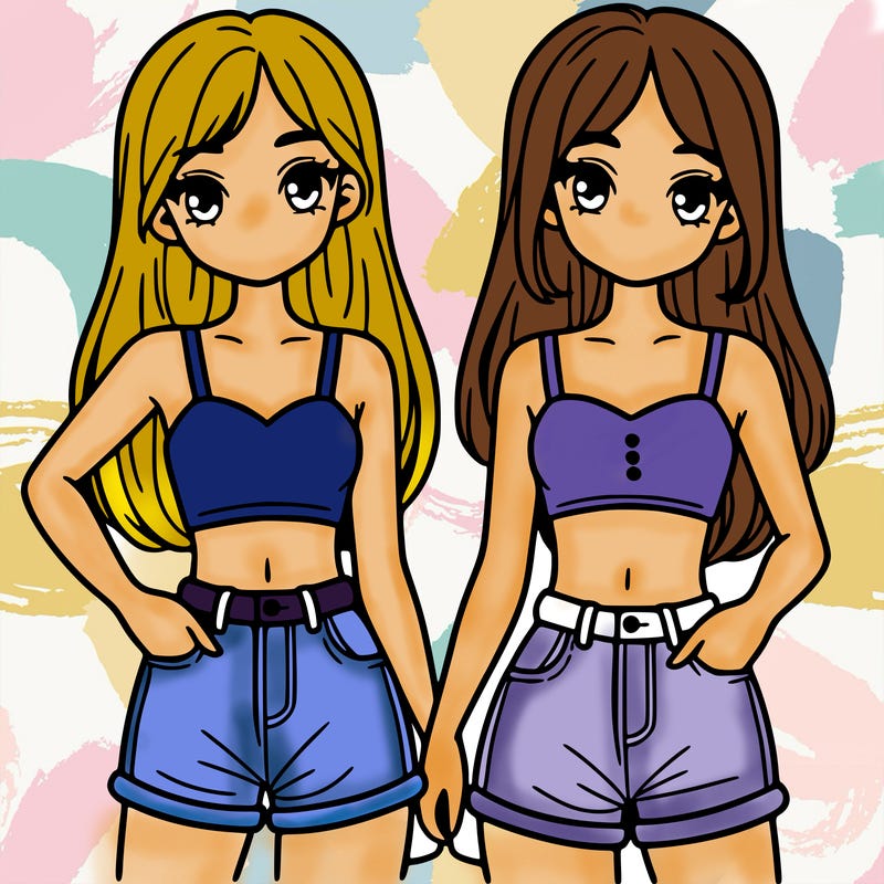 two sisters with crop tops and jean shorts and straight hair