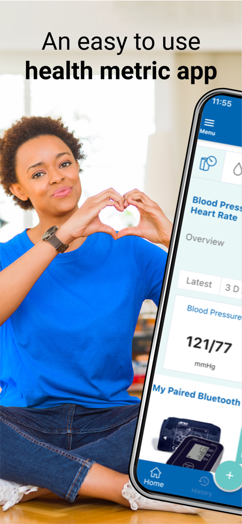 A&D Heart Track - A smartphone displaying the A&D Heart Track app interface with a blood pressure reading of 121 over 77 and a woman in the background.