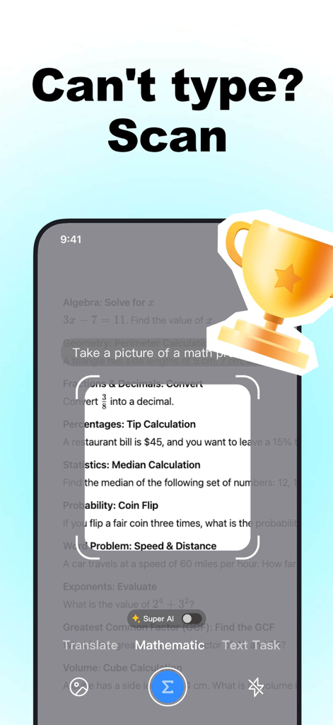 Quiz AI - AI Study Companion - Smartphone screen showing the Quiz AI scan and resolve feature to solve math problems with a camera