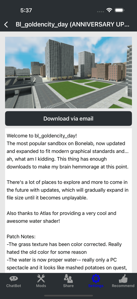 BoneL-DLC & Mods Addons Cheats - Screenshot of a city sandbox mod for Bonelab with skyscrapers and grass areas in the companion app interface.