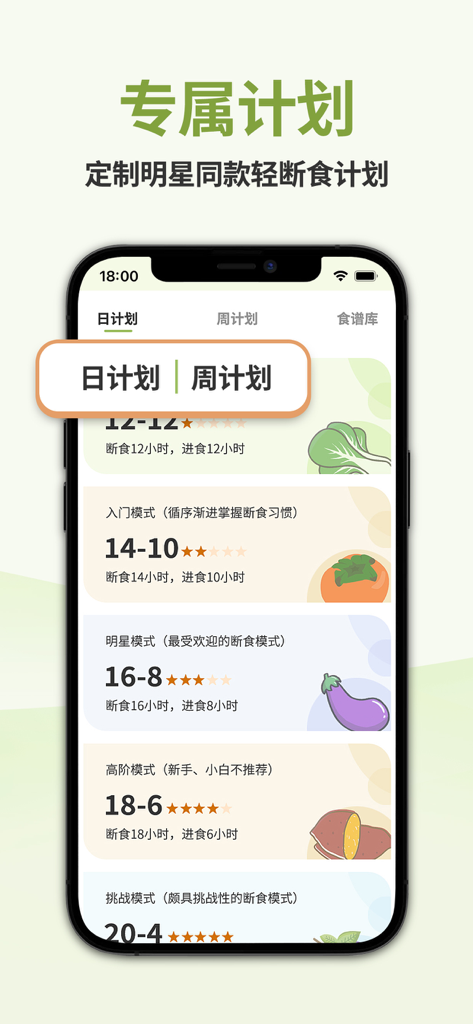 懒人轻断食-不用美颜食物相机饮食软件 - Mobile app interface displaying various intermittent fasting schedules including 16-8 and 18-6 plans for weight loss.