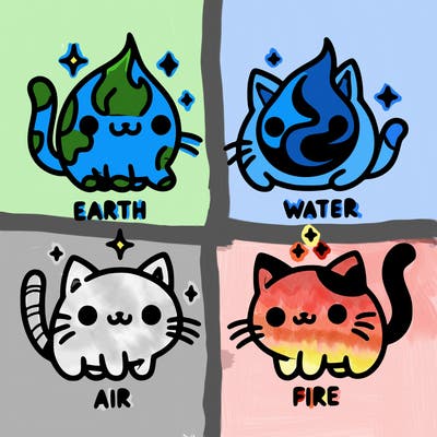4 cats that represent the different elements, earth, water, air, and fire