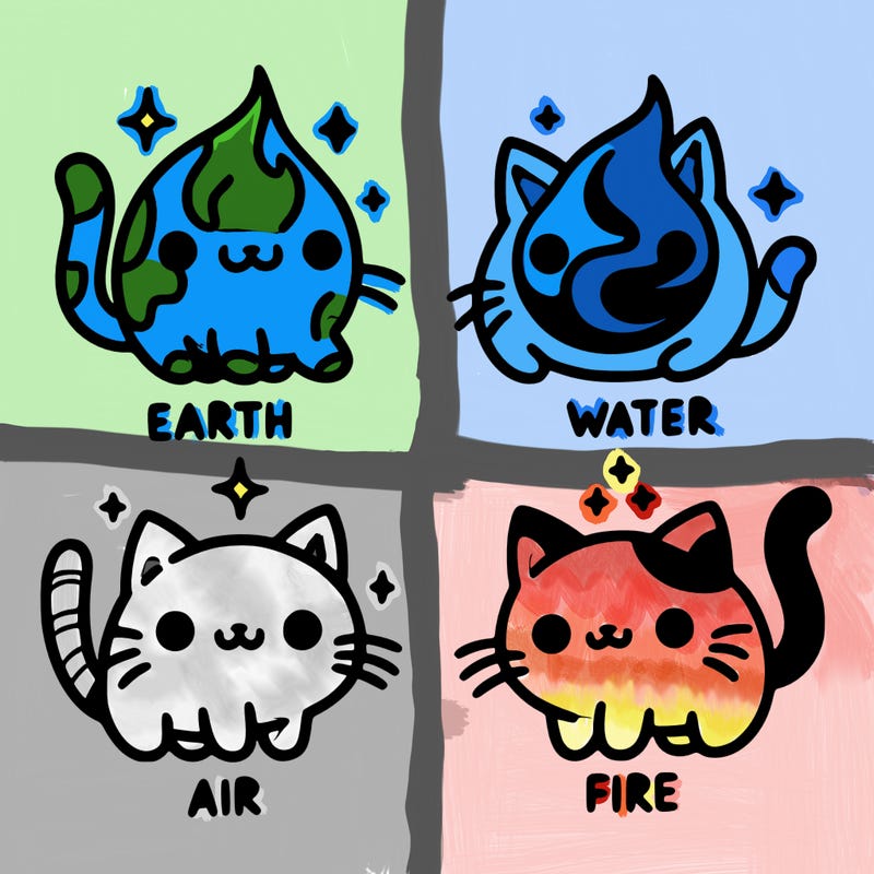 4 cats that represent the different elements, earth, water, air, and fire