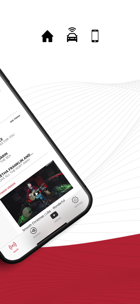 Smooth FM radio app interface on an iPhone displaying a video section and connectivity icons
