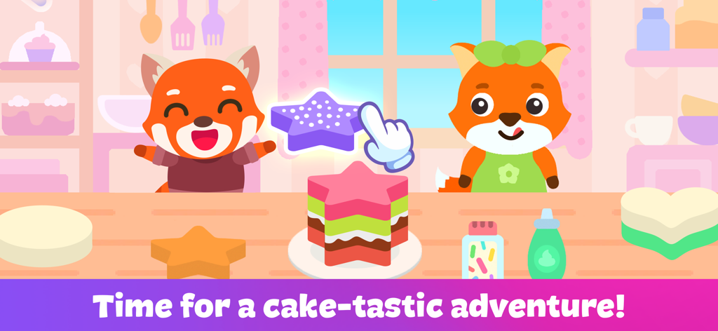 Cute animal characters decorating a star shaped cake in a colorful kitchen