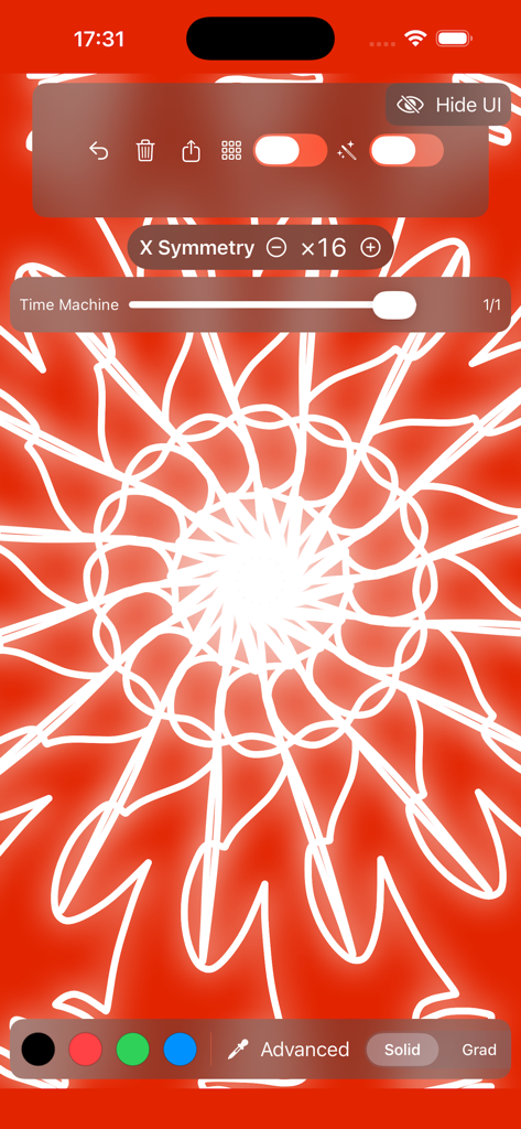 Mirror Drawing Studio - 16-way symmetry drawing of a white mandala on a red background in Mirror Drawing Studio