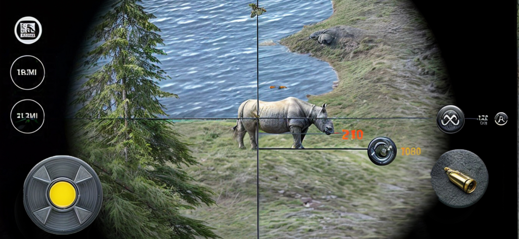 Sniper Wild Animal Hunting 3D - A rhinoceros targeted through a sniper scope in a 3D hunting simulation game