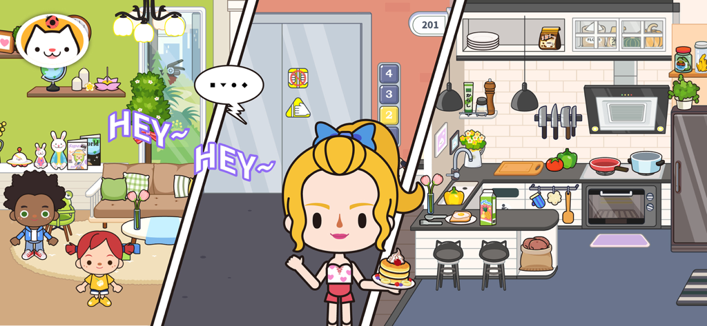 Various indoor gameplay scenes including a kitchen and living room from Miga Town Apartment