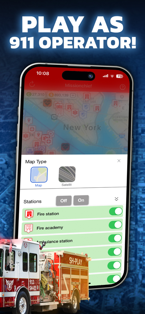 Mission Chief Fire Fighter 911 - Smartphone screen showing Mission Chief Fire Fighter 911 app with a New York map and emergency station controls