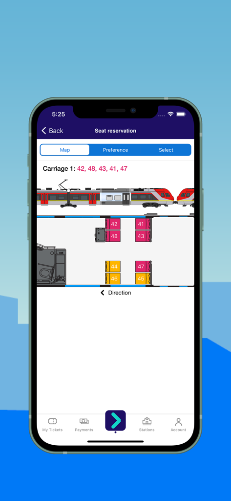 KOLEO app interface showing a visual train seat reservation map for a carriage layout