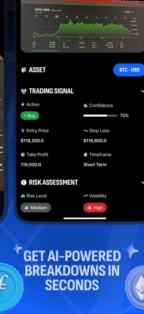CryptoLens AI - Interface do aplicativo móvel CryptoLens AI exibindo um sinal de compra de Bitcoin com preço de entrada e avaliação de risco