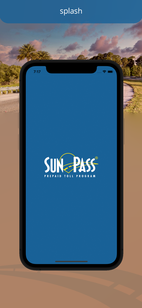 SunPass prepaid toll program app splash screen showing the logo on a blue background.