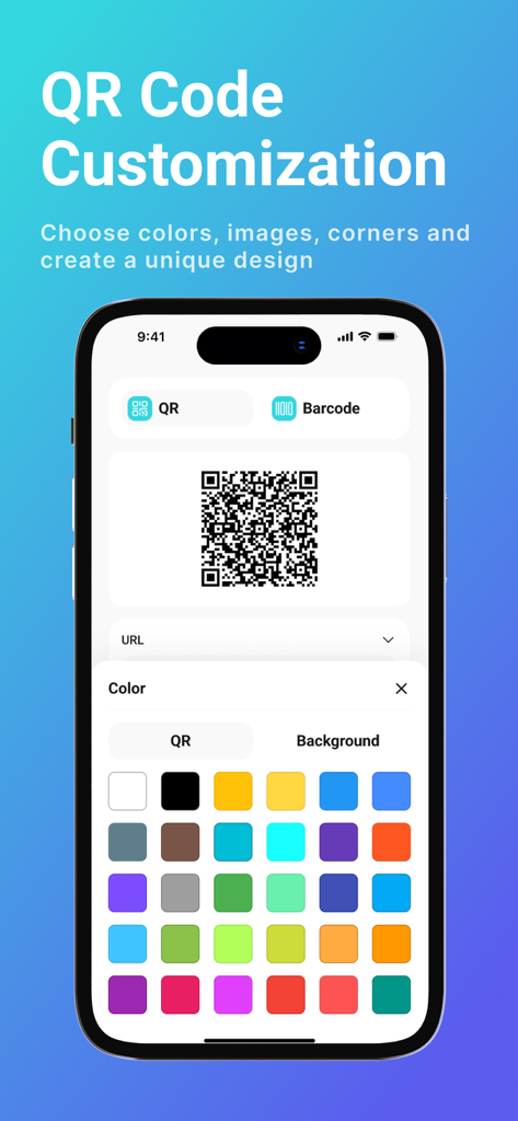 Ein Smartphone, das den QR-Code-Anpassungsbildschirm mit Farboptionen und Designwerkzeugen anzeigt