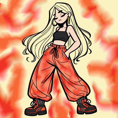 girl in baggy pants crop top and long hair