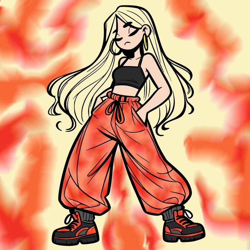 girl in baggy pants crop top and long hair