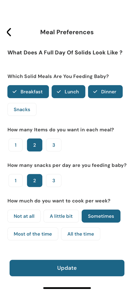 Little Eats - BLW Meal Planner - Meal preferences settings in the Little Eats baby weaning app