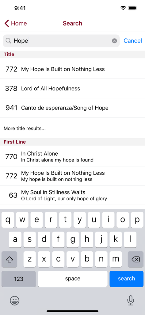 Lift Up Your Hearts Hymnal - Search screen of the Lift Up Your Hearts Hymnal app showing search results for the keyword Hope