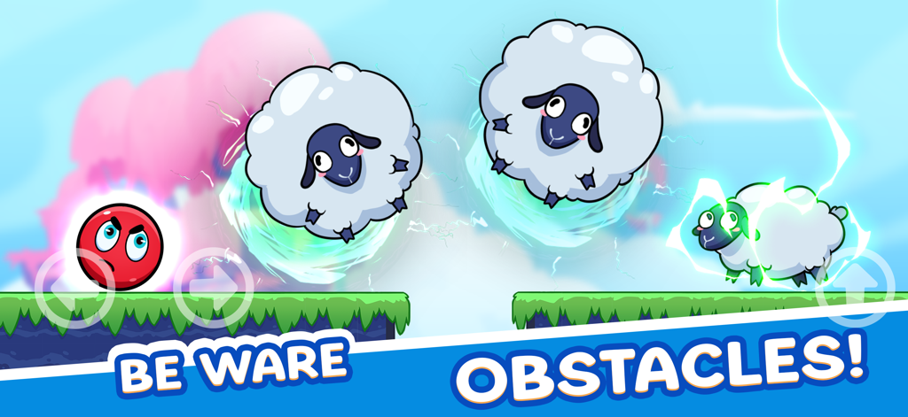 Ball W - Red Wonder Island - Red ball character navigating flying sheep obstacles in the Ball W platformer game