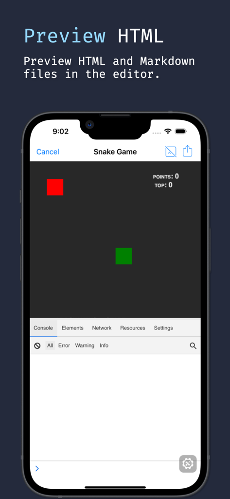 Spck Editor Lite - A mobile code editor previewing an HTML snake game with a developer console.
