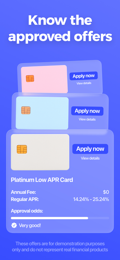 Interface showing personalized credit card offers with approval odds and APR details