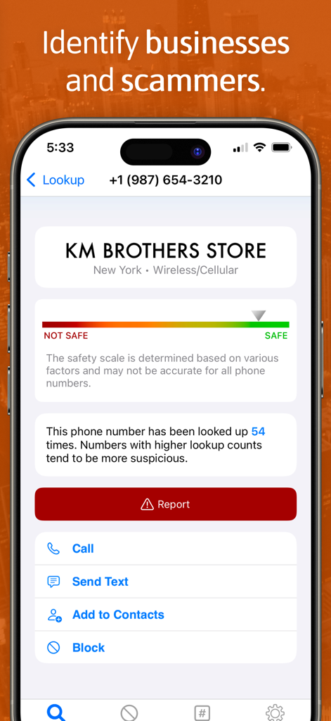Reverse Lookup - Reverse Lookup app interface showing caller identification for a business and a safety rating scale