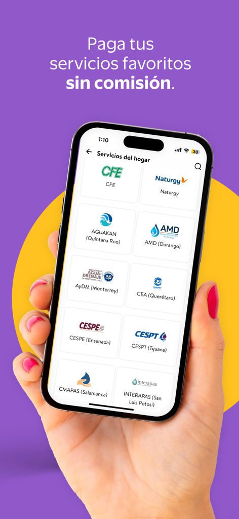 Cashi - Mobile app interface of Cashi showing Mexican utility providers for commission free home service payments