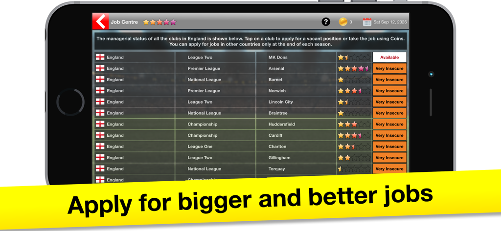 Soccer Boss: Football Game - Un menú en Soccer Boss que muestra una lista de puestos de entrenador disponibles en diferentes clubs de fútbol