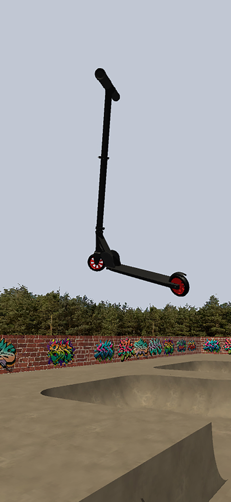 Black stunt scooter performing an air trick in a graffiti decorated skatepark