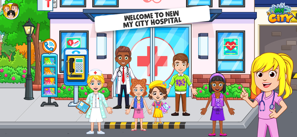 My City: Doctor Hospital - マイシティ病院の入り口の前に立つ、医者や看護師を含む多様なキャラクターのグループ。