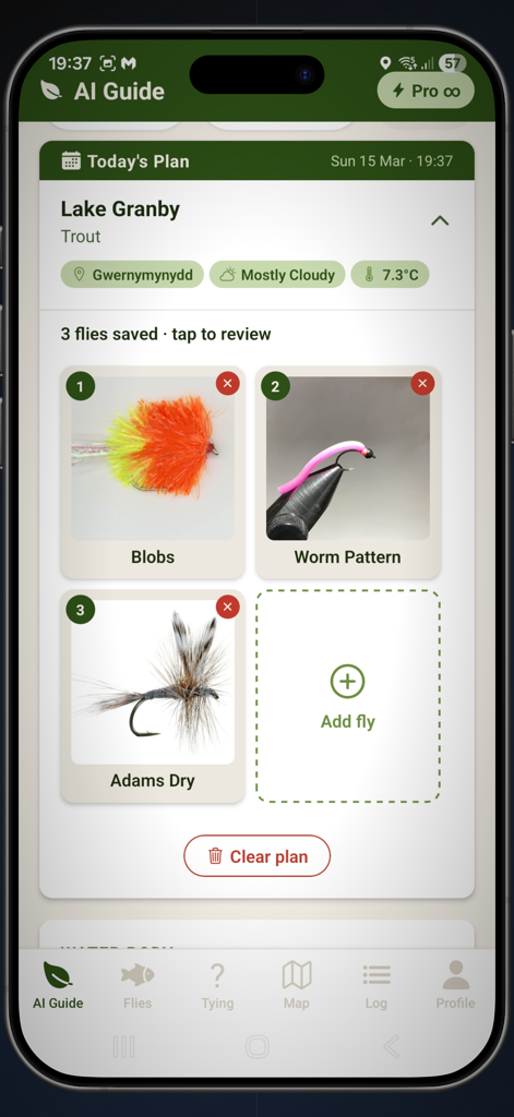 Fly Guide By HookedOnFlies - Fly fishing app showing a trout fishing plan for Lake Granby with selected fly patterns.