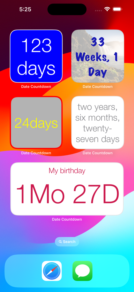 Date Countdown Widget - Customizable date countdown widgets displayed on an iPhone home screen showing various styles and countdown formats.