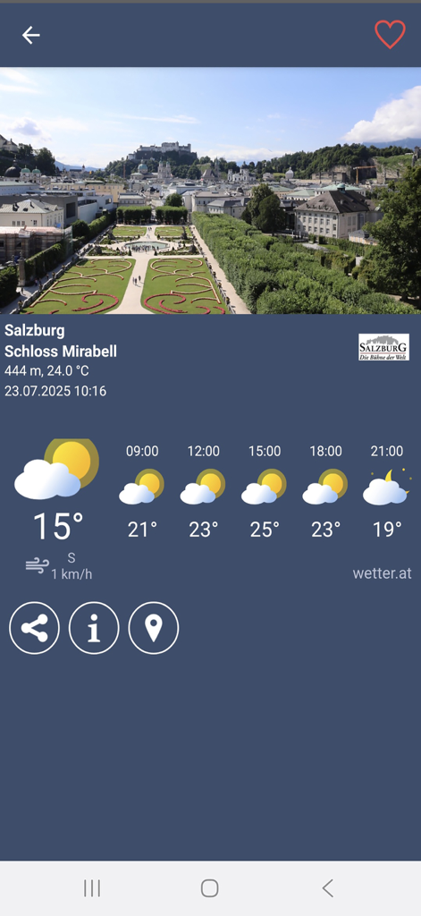 Live webcam view of Salzburg Schloss Mirabell with weather forecast information