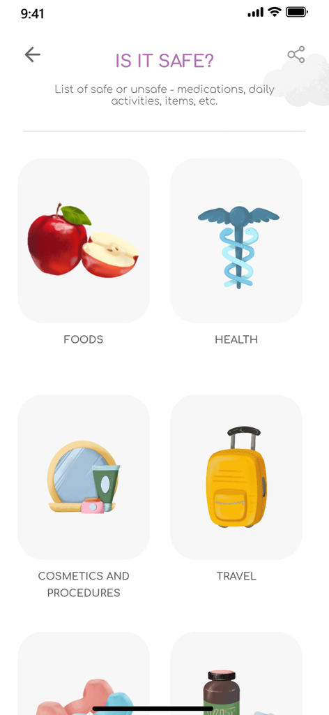 GAIA Pregnancy & Parenting - Pregnancy safety guide categories including foods, health, cosmetics, and travel within the GAIA app.