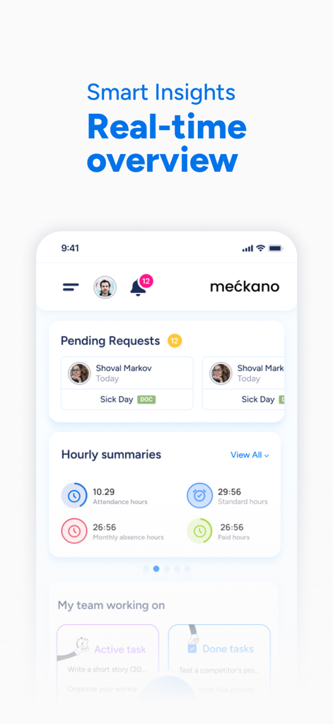 Meckano app dashboard showing a real time workforce overview with hourly summaries and pending requests