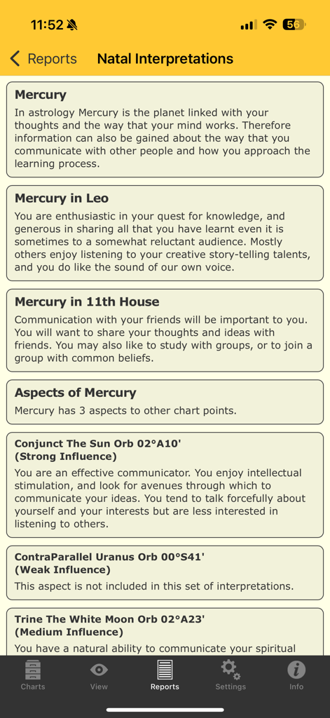 Astro Gold - Natal interpretations report for Mercury in the Astro Gold app