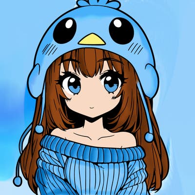 anime girl with chick shaped hat with sweater with bare shoulders with bangs covering them one eye with low tail