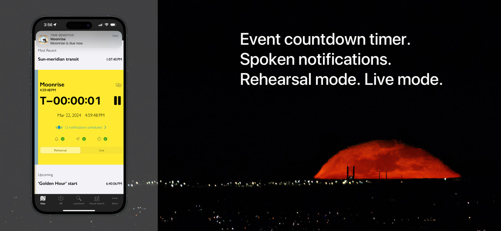 The Photographer's Ephemeris - Interfaz de la aplicación The Photographer's Ephemeris que muestra un temporizador de cuenta regresiva para la salida de la luna y la configuración de notificaciones de eventos.