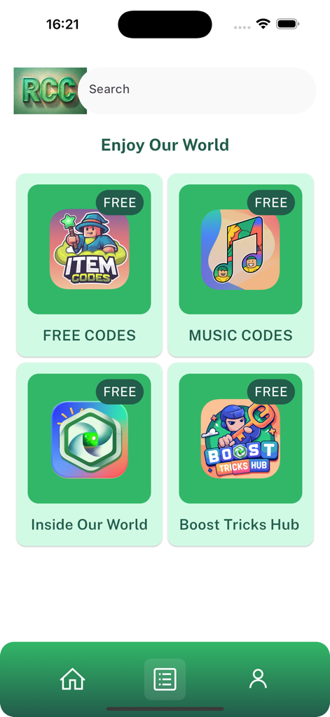 PlayBoost & Codes for Roblox - Panel de la aplicación PlayBoost que muestra categorías de menú para códigos gratuitos de Roblox y códigos de música