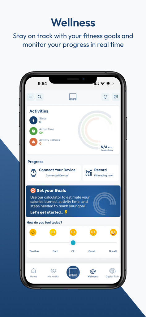 Tela de bem-estar do aplicativo móvel Medgulf mostrando progresso de fitness e atividade diária