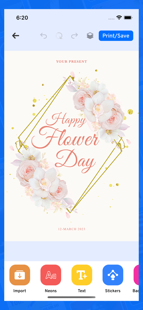 Poster Maker: & Flyer Maker - Une interface d'application mobile pour la conception d'un flyer floral avec du texte et des outils d'édition