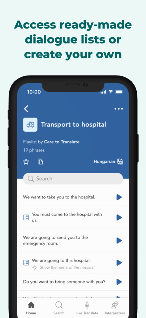 Care to Translate app interface showing ready-made medical dialogue lists for hospital transport