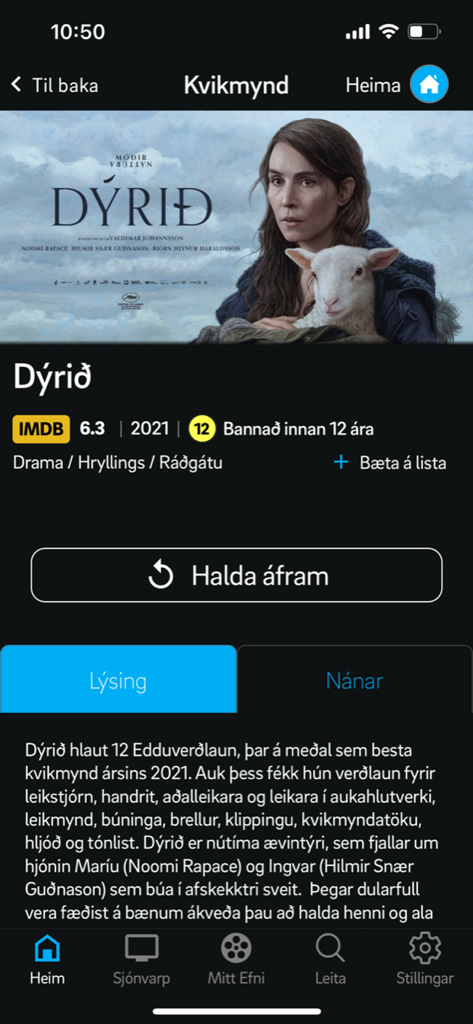 Interfaz de la aplicación Sjonvarp Simans mostrando la página de detalles de la película Dyrid