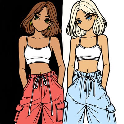 two girls with crop top with baggy pants